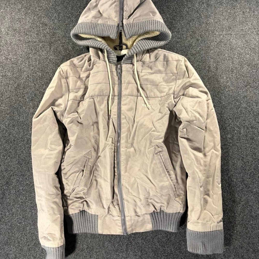 OBEY Mens Sherpa Lined Quilted Zip Up Hoodie Jacket Grey Streetwear Medium